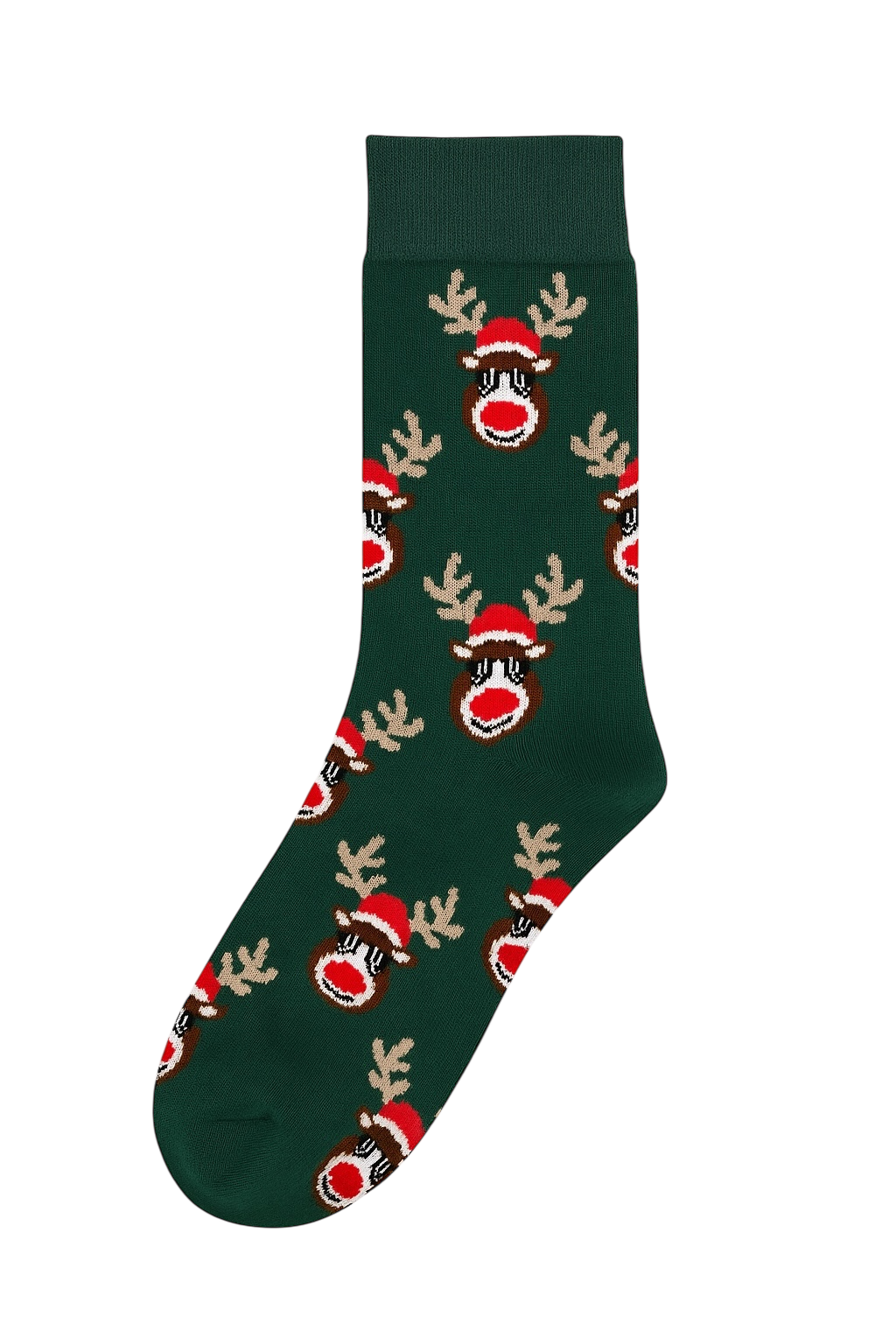 Dark green sock with repeating Reindeer face pattern wearing a Santa hat | Soft knit winter sock with Christmas motif