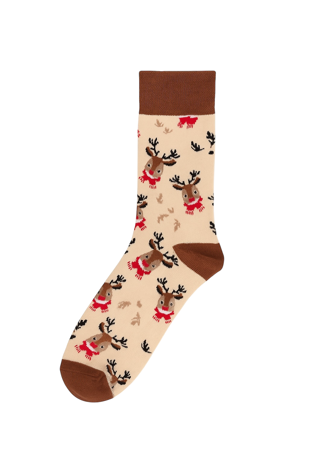 Close-up shot of the cozy camel brown sock with playful Reindeer figures wearing red scarves | Soft knit winter sock