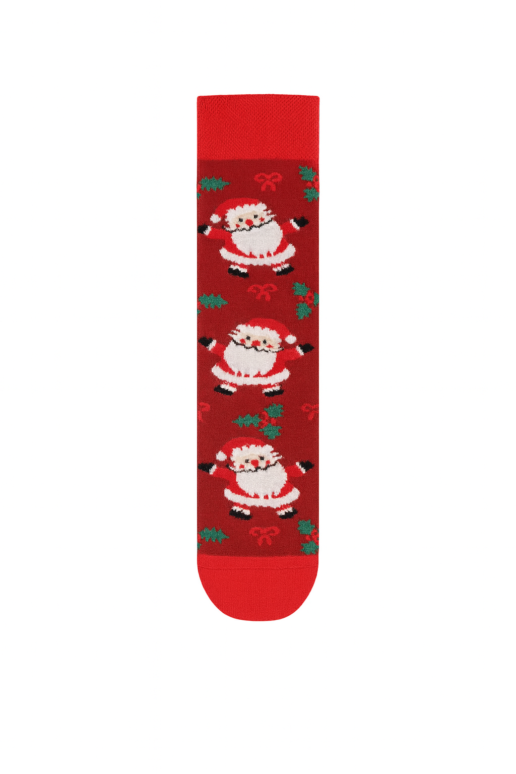 Red crew sock with repeating Snowman and festive ornament pattern | Christmas gift accessory