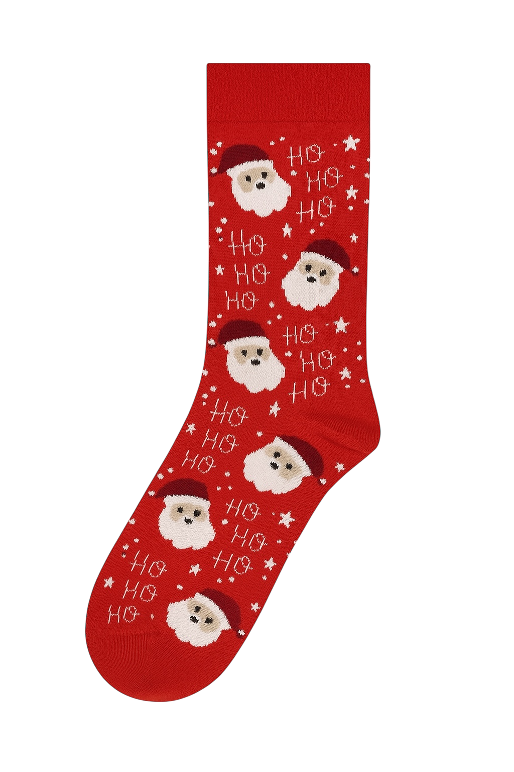 Vibrant red sock with close-up Santa Claus face and Ho Ho Ho text pattern | Fun novelty crew sock for holiday outfit