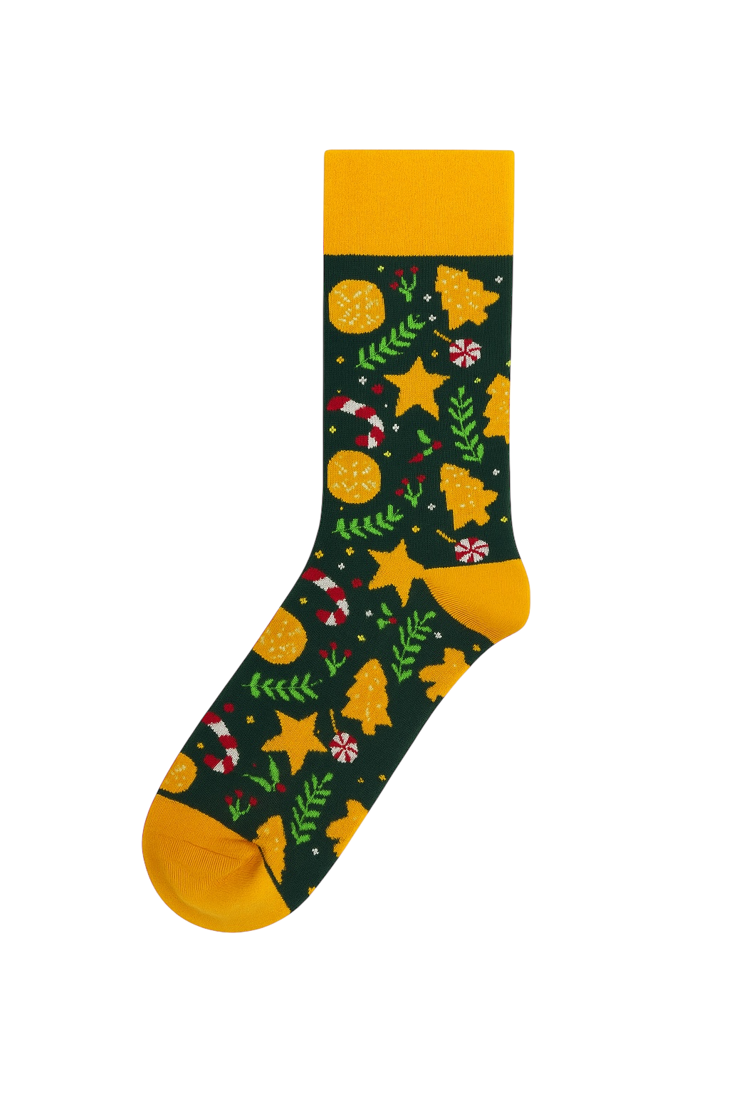Dark green and yellow sock with Christmas Tree and Star pattern | Cozy cotton blend novelty gift