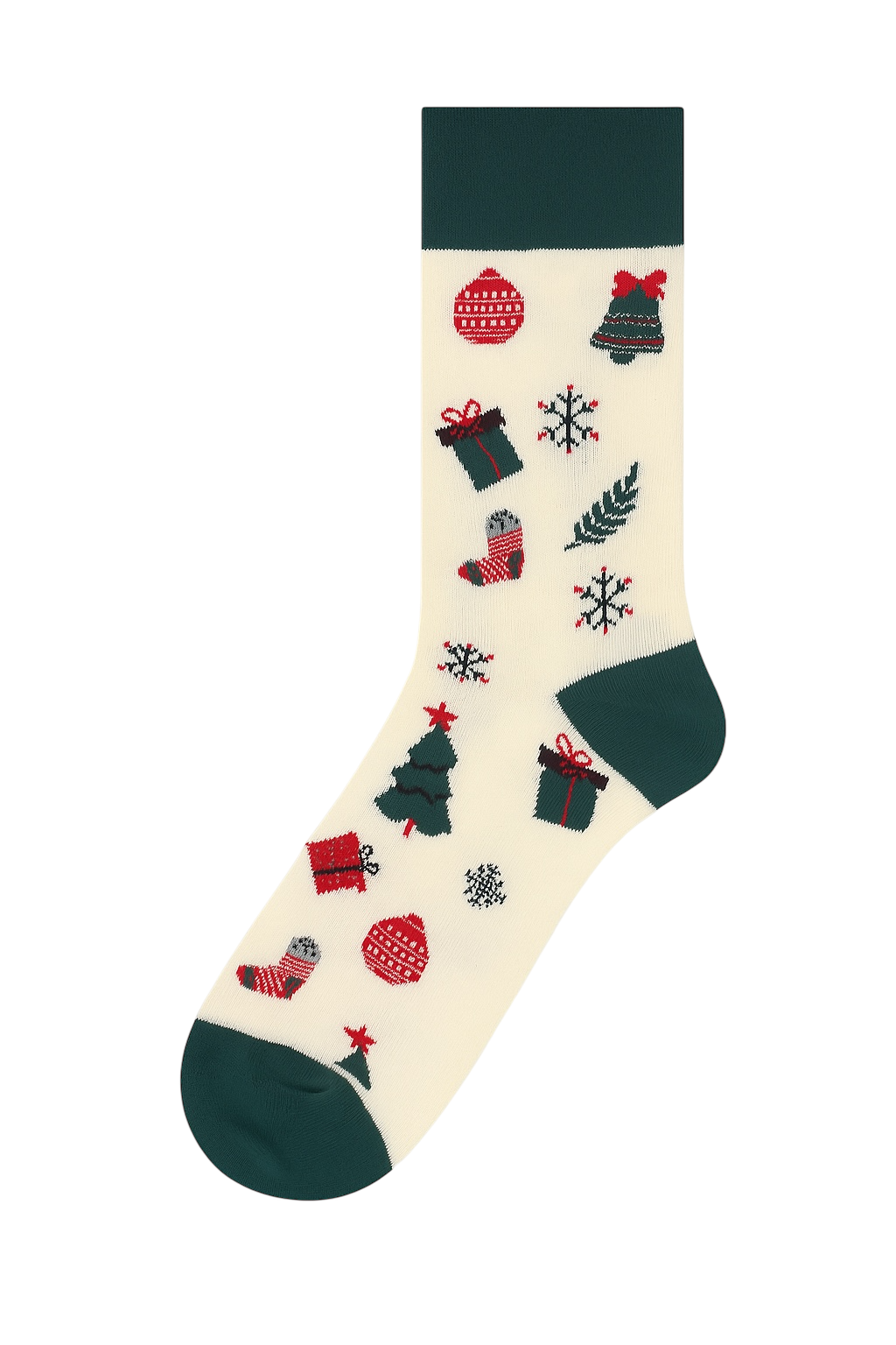Cream crew sock with simple green Christmas tree and red heart/gift patterns | Cozy winter gift idea.