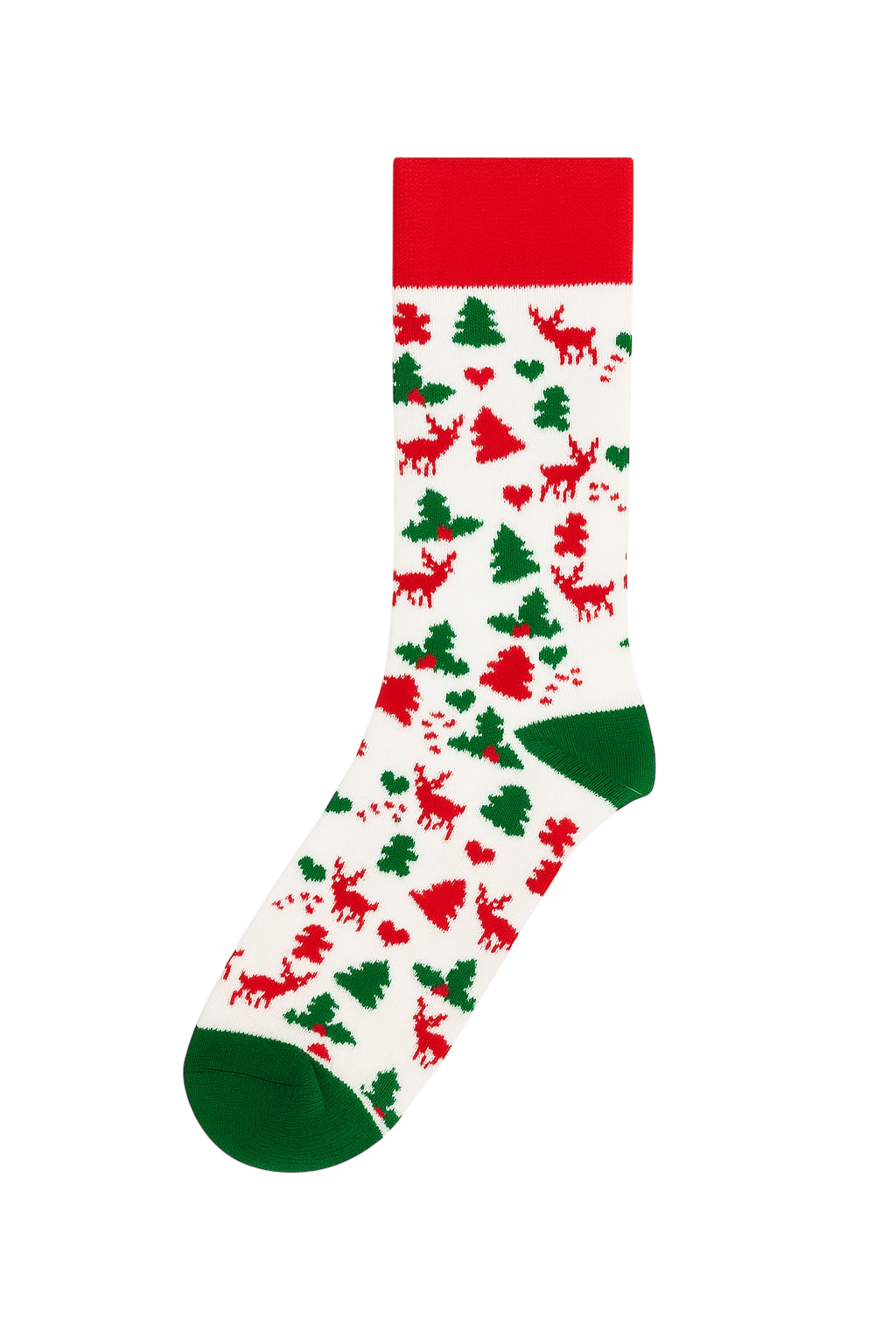 White sock with repeating red Reindeer and green Christmas Tree pattern