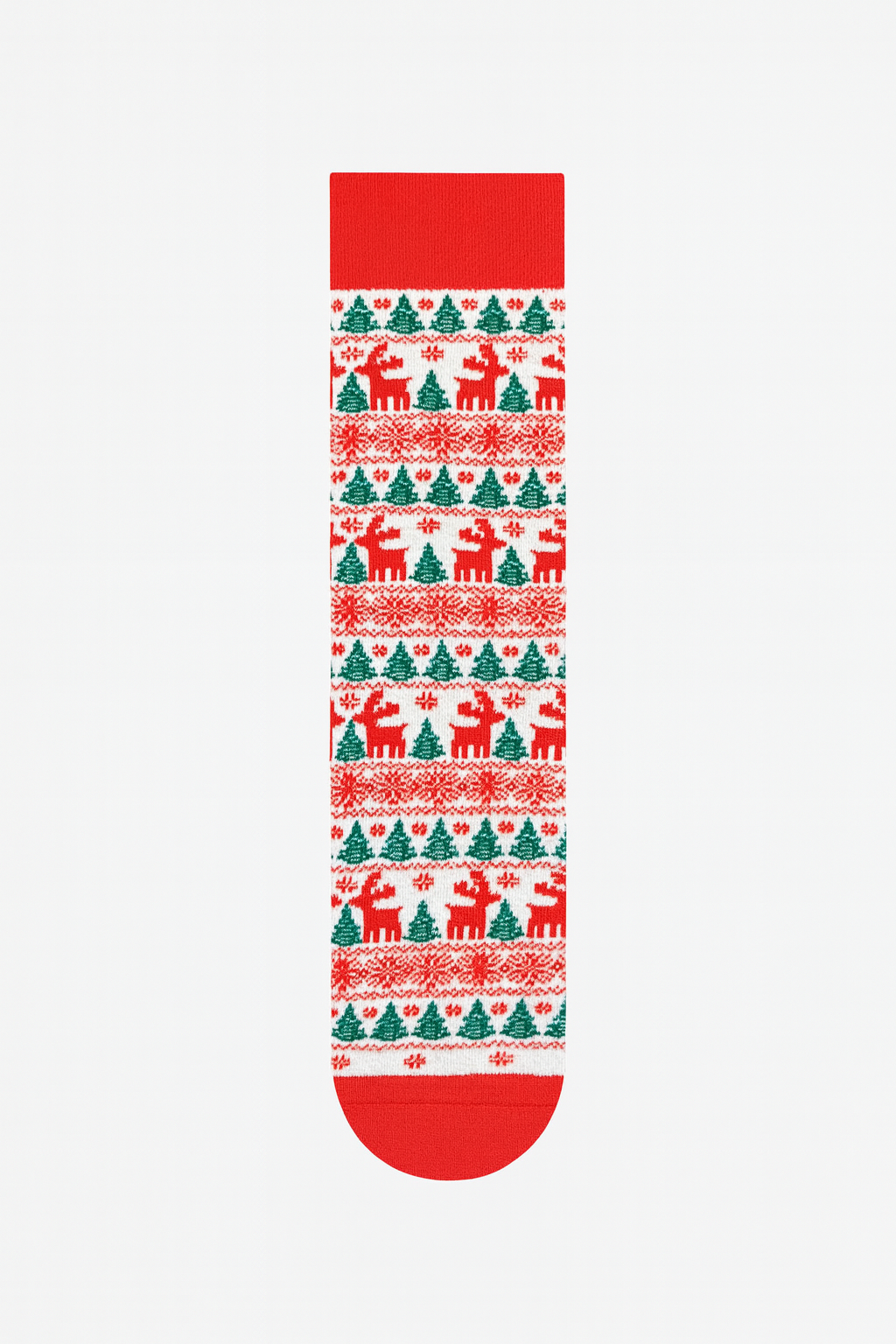 Red and white crew sock with repeating reindeer and snowflake pattern | Nordic knit inspired holiday sock.