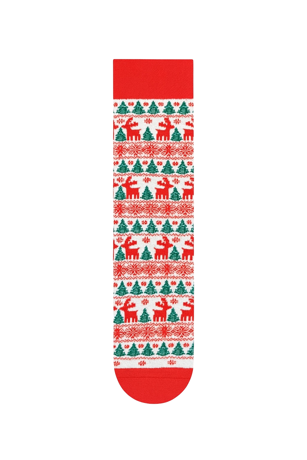 Red and white crew sock with repeating reindeer and Christmas tree pattern | Classic Nordic knit inspired holiday sock.