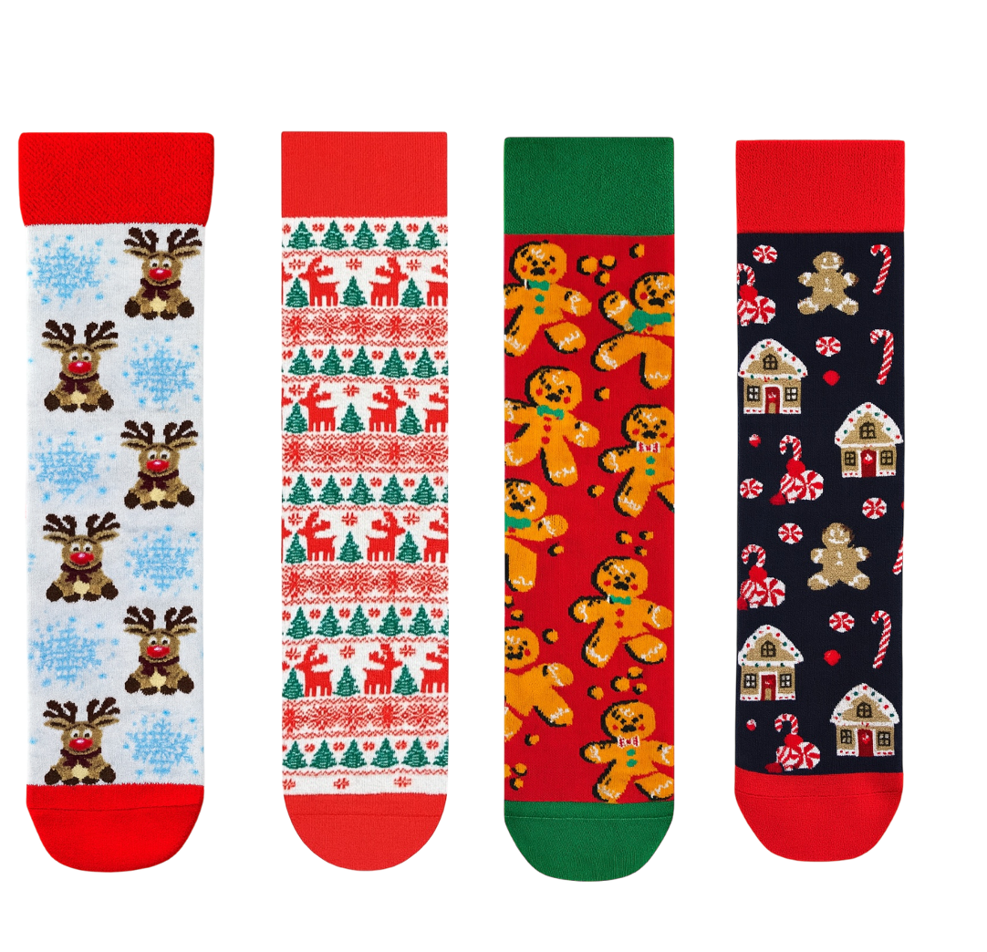 4-Pack Festive Christmas Novelty Socks Set: Reindeer, Gingerbread Man &amp; Holiday Village Fun Crew Socks