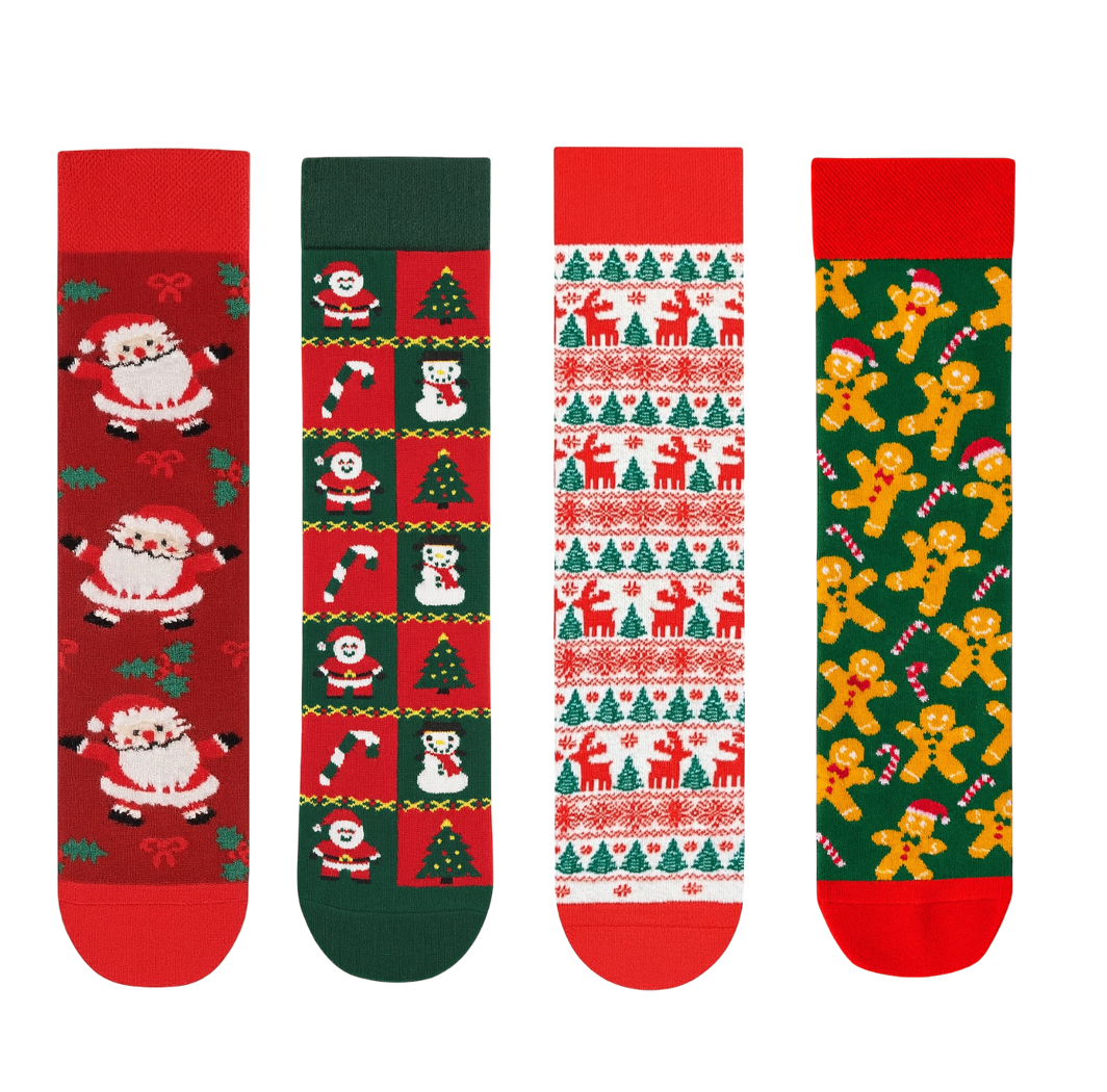 Goma Goma 4-Pack Deluxe Christmas Socks Gift Box: Santa, Reindeer, Gingerbread Man & Snowman Funky Holiday Set