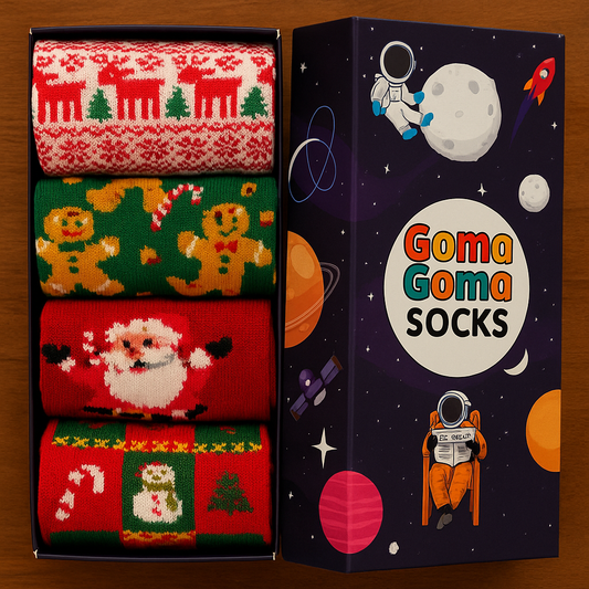 Goma Goma 4-Pack Deluxe Christmas Socks Gift Box: Santa, Reindeer, Gingerbread Man & Snowman Funky Holiday Set