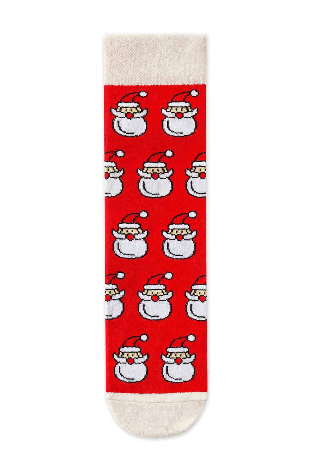 Cream colored crew sock with repeating red patterns and abstract snowflakes | Festive winter knit accessory.