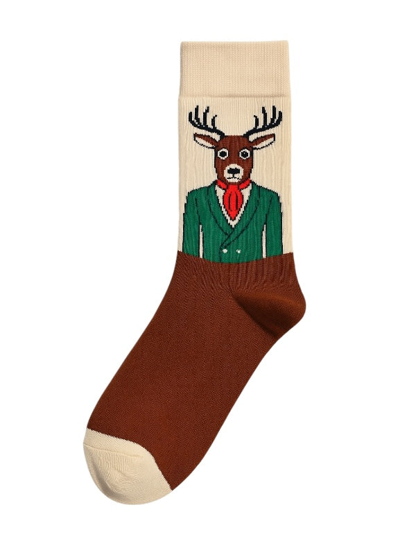 4-Pack Dapper Animal Socks Set: Wolf, Tiger, Stag, and Panther Portrait Novelty Fashion Crew Socks
