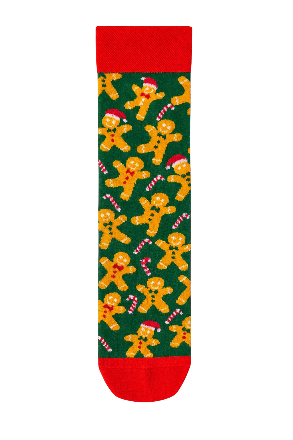 Dark green and yellow crew sock with repeating Gingerbread Man figures and candy cane patterns | Fun novelty holiday sock.