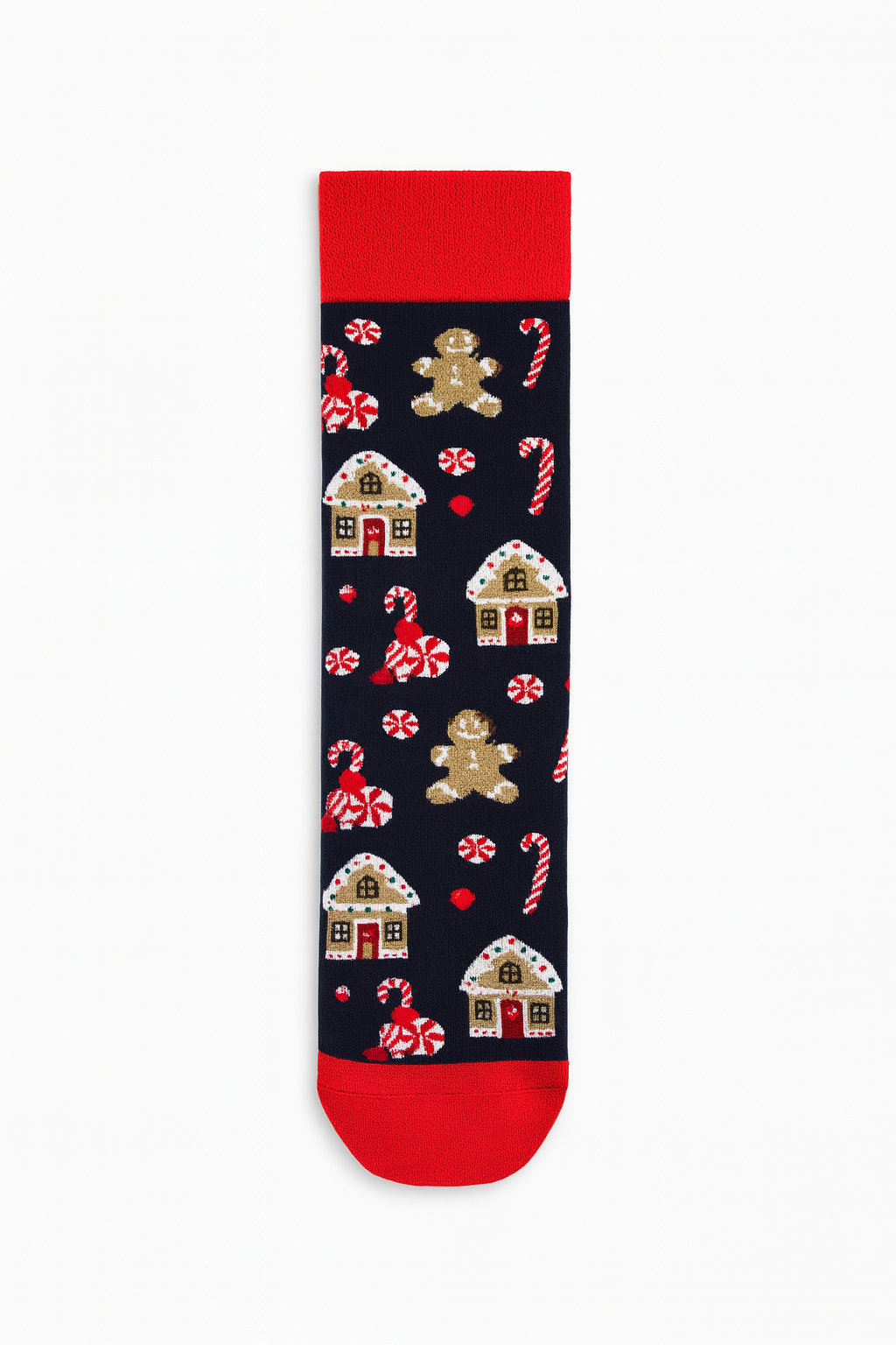 Dark blue crew sock with repeating Gingerbread House, man, and candy cane patterns | Christmas village motif crew sock.