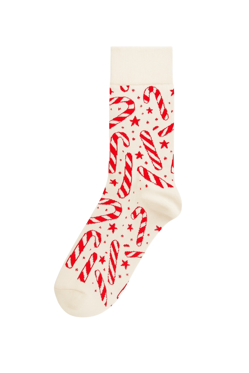 Vibrant red crew sock with repeating Christmas characters including Santa Claus and snowmen | Cheerful festive accessory.