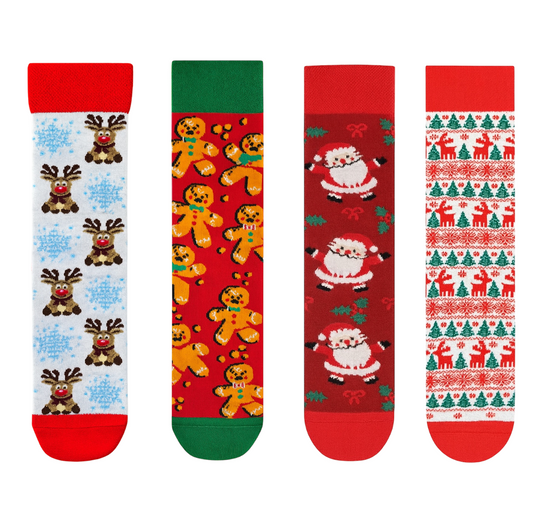 4-Pack Iconic Holiday Socks Set: Gingerbread Man, Christmas Village, Santa Claus, and Patchwork Festive Crew Socks