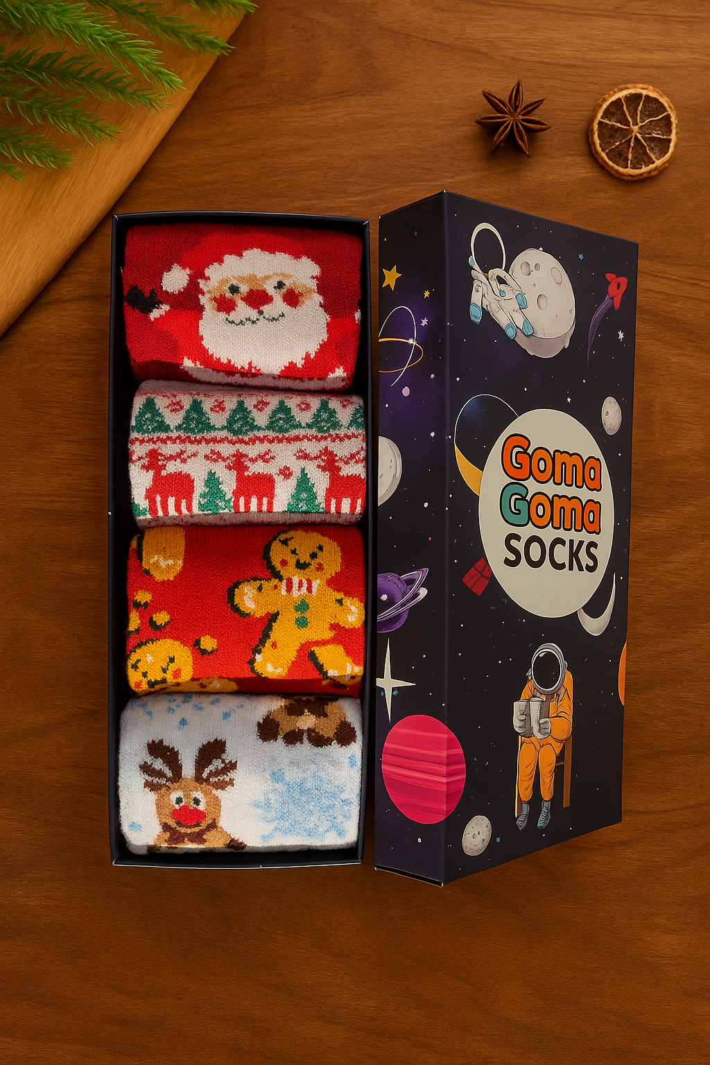 4-Pack Iconic Holiday Socks Set: Gingerbread Man, Christmas Village, Santa Claus, and Patchwork Festive Crew Socks