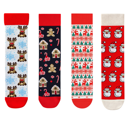 4-Pack Traditional Christmas Socks Set: Reindeer, Holiday Village, Fair Isle, and Santa Pattern Festive Crew Socks