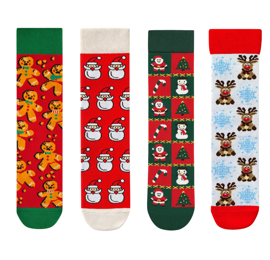 4-Pack Classic Christmas Pattern Socks Set: Santa, Reindeer, Snowman & Gingerbread Man Festive Crew Socks
