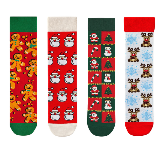4-Pack Classic Christmas Pattern Socks Set: Santa, Reindeer, Snowman & Gingerbread Man Festive Crew Socks