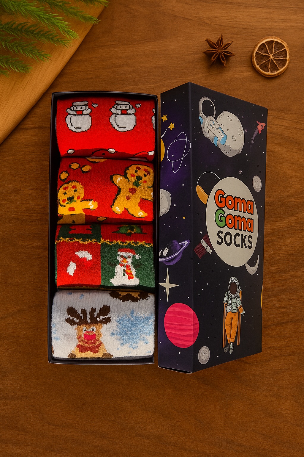 Festive Holiday Fun Socks Collection: Santa, Gingerbread Man, Snowman & Snowy Reindeer Pattern Crew Socks
