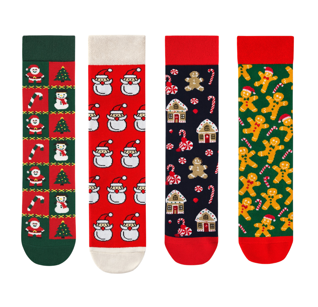 Festive Pattern Christmas Socks: Santa Faces, Gingerbread, Patchwork, and Holiday Village Novelty Crew Socks