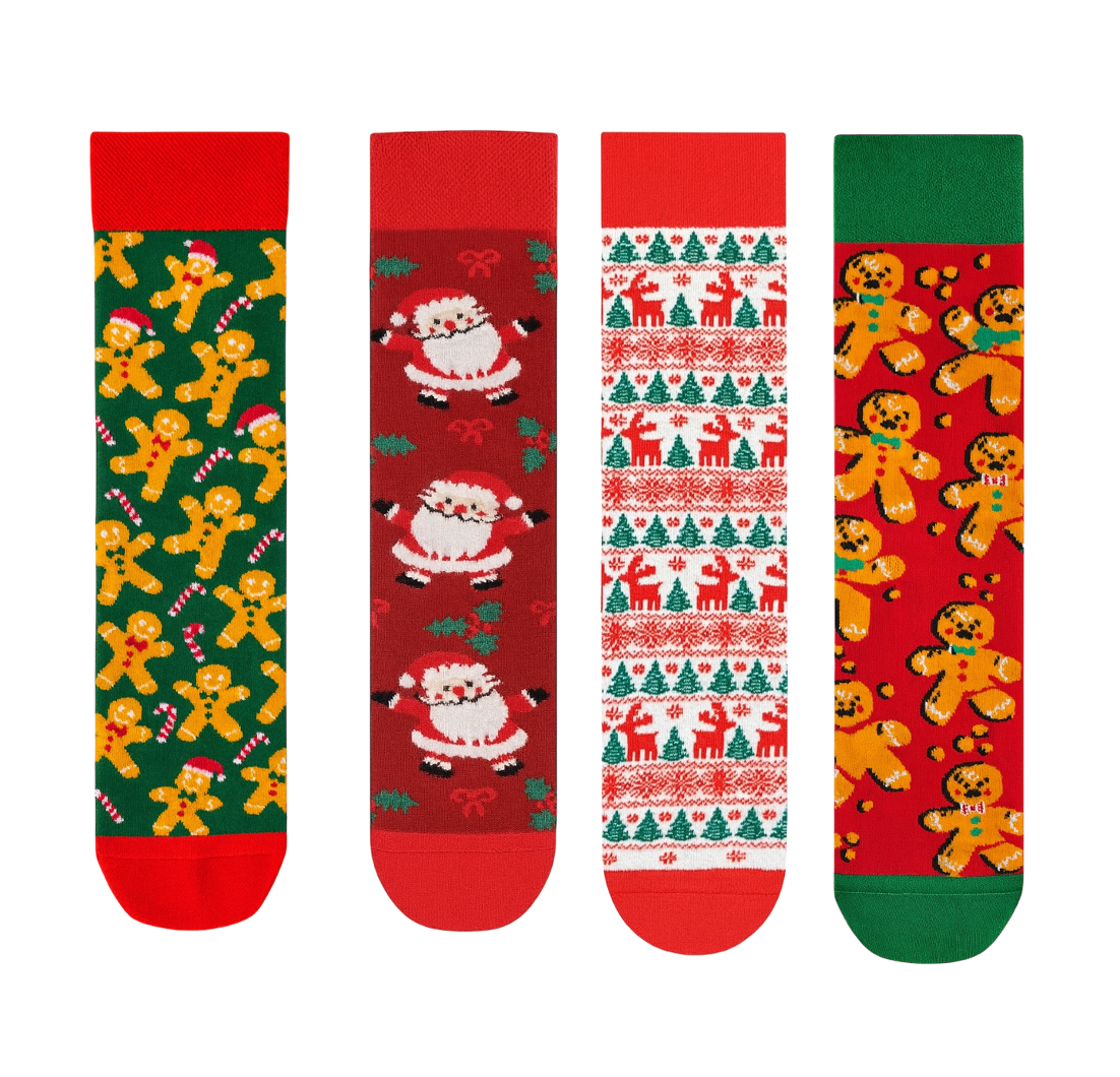 Festive Christmas Fun Socks: Gingerbread Man, Dancing Santa, and Nordic Reindeer Pattern Crew Socks