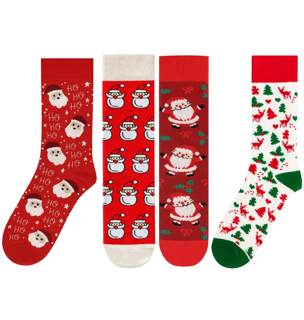 Set of four novelty Christmas crew socks | Featuring Santa Claus, Snowman, and Reindeer/Tree patterns | High quality cotton gift bundle.