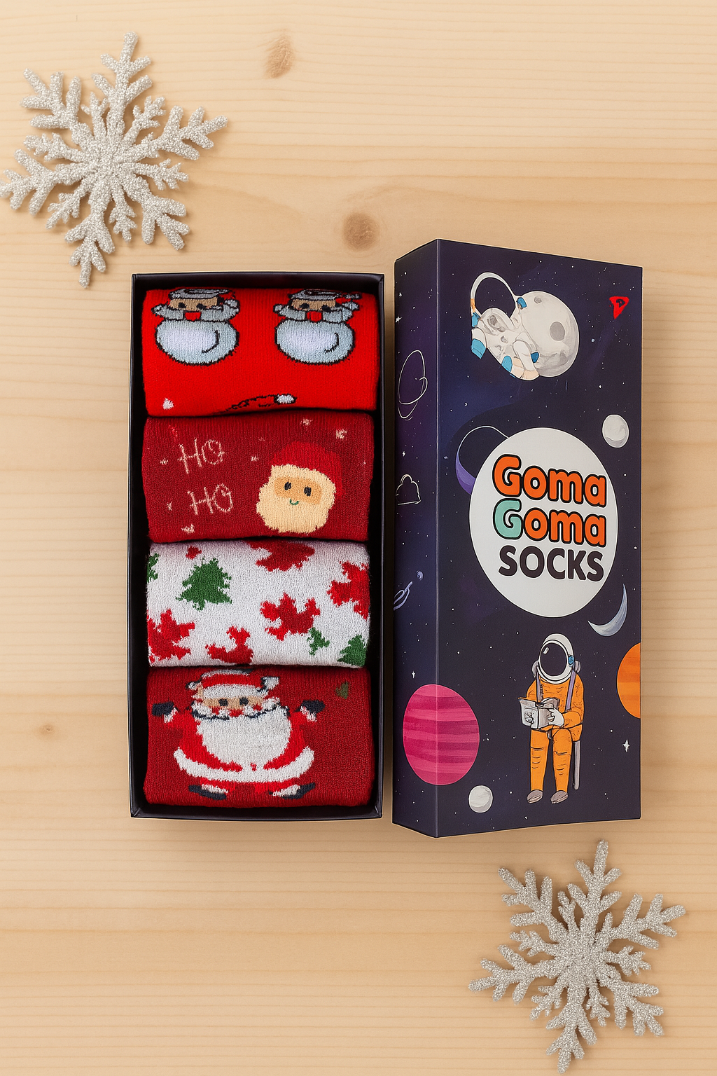 Premium 4-pack Christmas Sock Gift Box | Close-up of Santa Claus, Snowman, and Winter patterns inside the packaging | Best novelty holiday gift