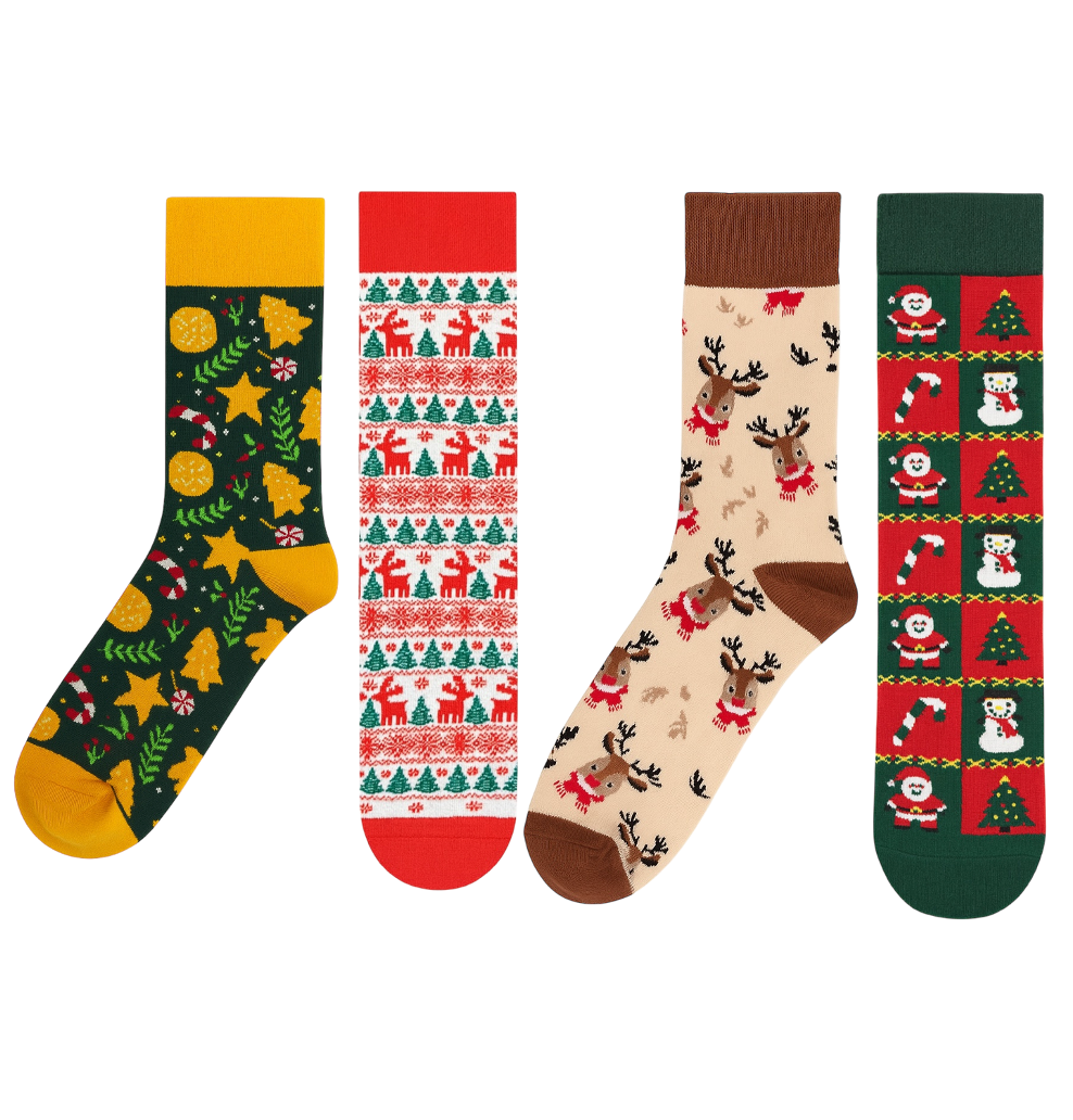 Set of three novelty Christmas crew socks | Featuring Yellow Star, Red Nordic, and Beige Reindeer patterns | High quality cotton gift bundle.