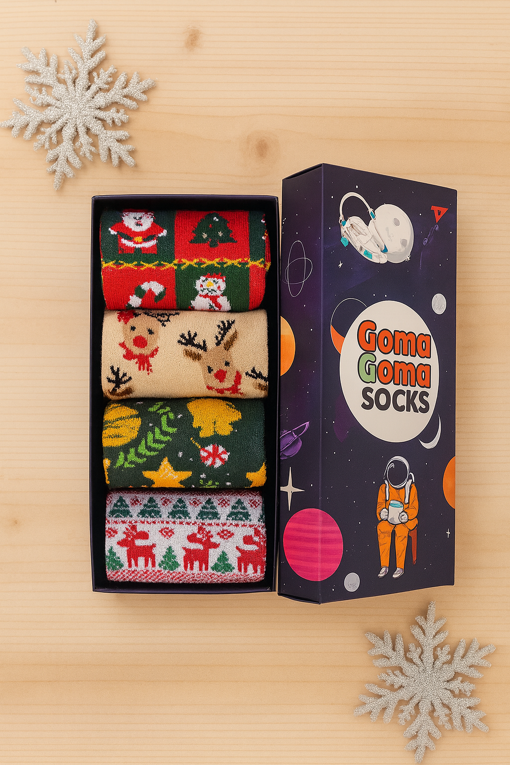 Premium 4-pack Christmas Sock Gift Box | Close-up of Red Nordic, Beige Reindeer, and Star patterns inside the packaging.