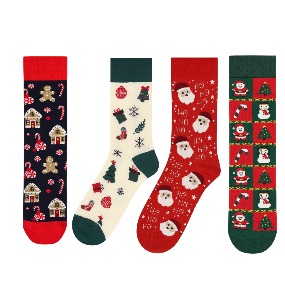 Set of four novelty Christmas crew socks | Featuring Santa Claus, Gingerbread House, and Christmas Tree patterns | High quality cotton gift bundle.