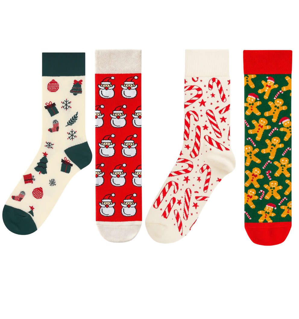 Set of four novelty Christmas crew socks | Featuring Gingerbread Man, Candy Cane, Santa, and Christmas Ball patterns | High quality cotton gift bundle.