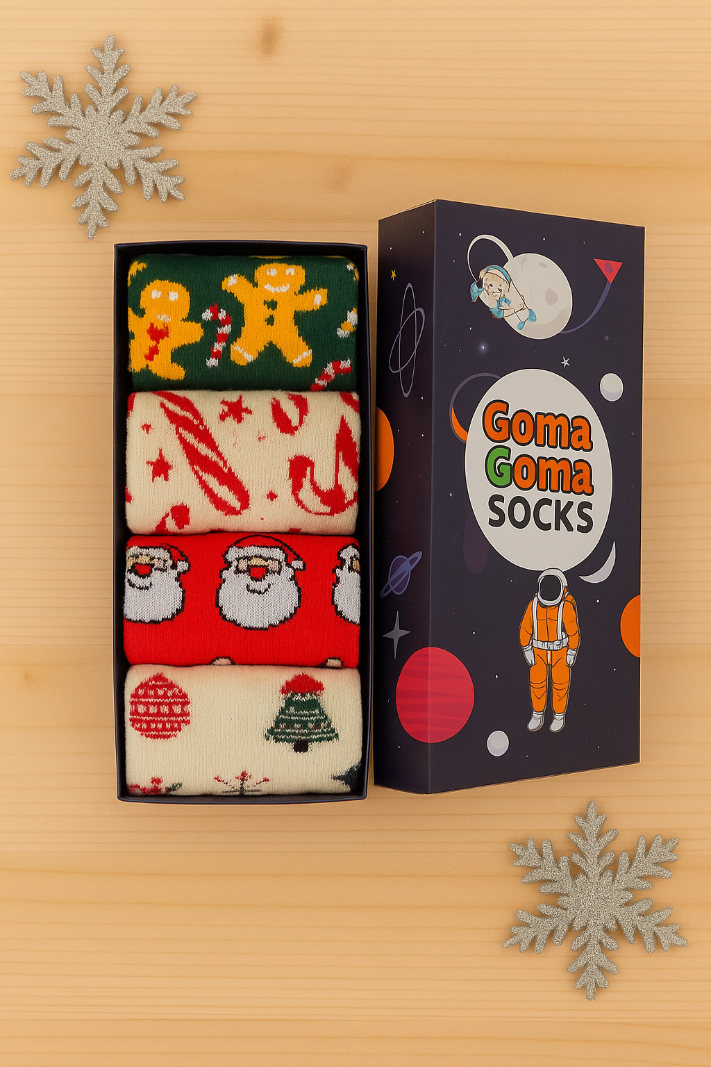 Premium 4-pack Christmas Sock Gift Box | Top-down view of all four unique holiday novelty crew socks inside the gift packaging.