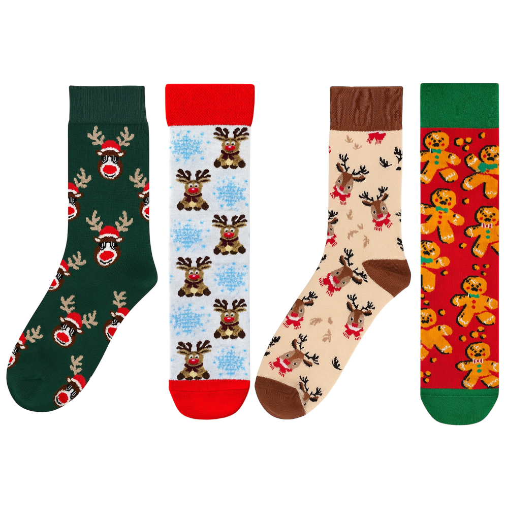 Set of four novelty Christmas crew socks | Featuring Green Reindeer, Snowflake Reindeer, Gingerbread Man, and Festive Patterns | High quality cotton gift bundle