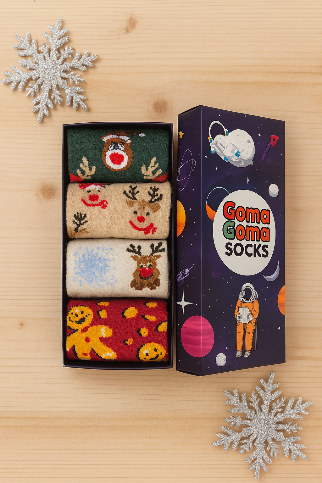 Premium 4-pack Christmas Sock Gift Box | Close-up of Reindeer, Snowflake, and Gingerbread patterns | The best holiday gift for adults