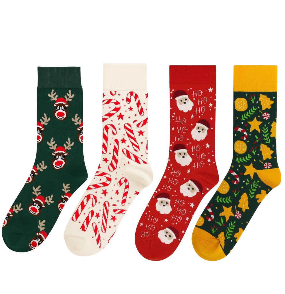 Set of four novelty Christmas crew socks | Featuring Green Reindeer, Candy Cane, Tree, and Santa Face patterns | High quality cotton gift bundle