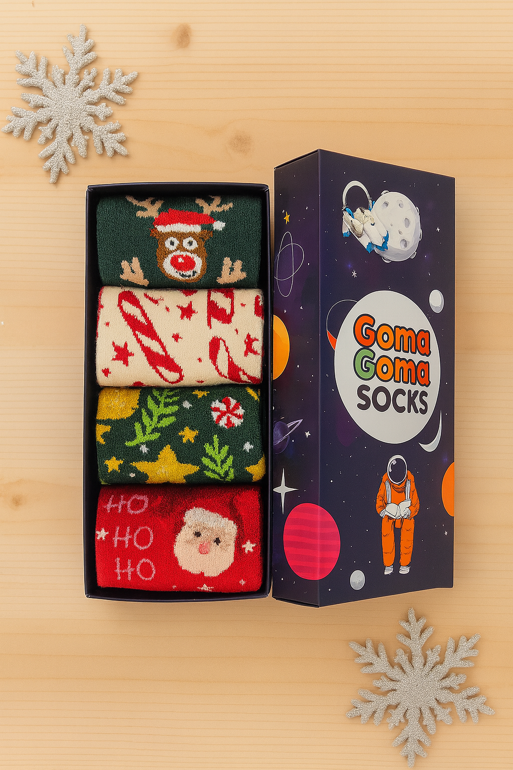 Premium 4-pack Christmas Sock Gift Box | Close-up of Reindeer, Candy Cane, Tree, and Santa patterns | The best holiday gift bund