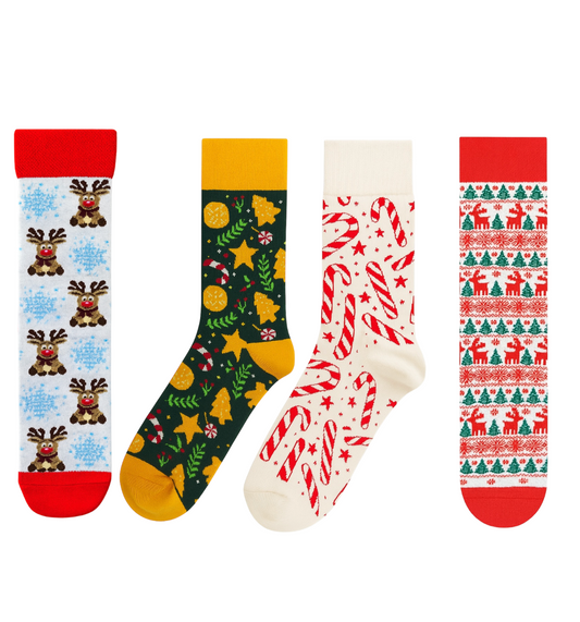 Set of four novelty Christmas crew socks | Featuring Reindeer, Candy Cane, Star, and Nordic patterns | High quality cotton gift bundle