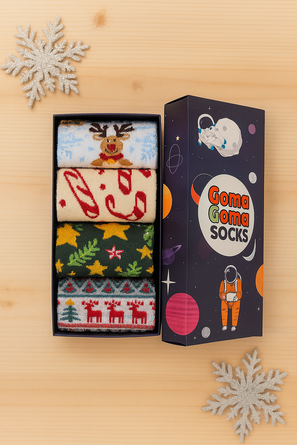 Premium 4-pack Christmas Sock Gift Box | Close-up of Reindeer, Candy Cane, and Star patterns inside the festive packaging | Best novelty holiday gift