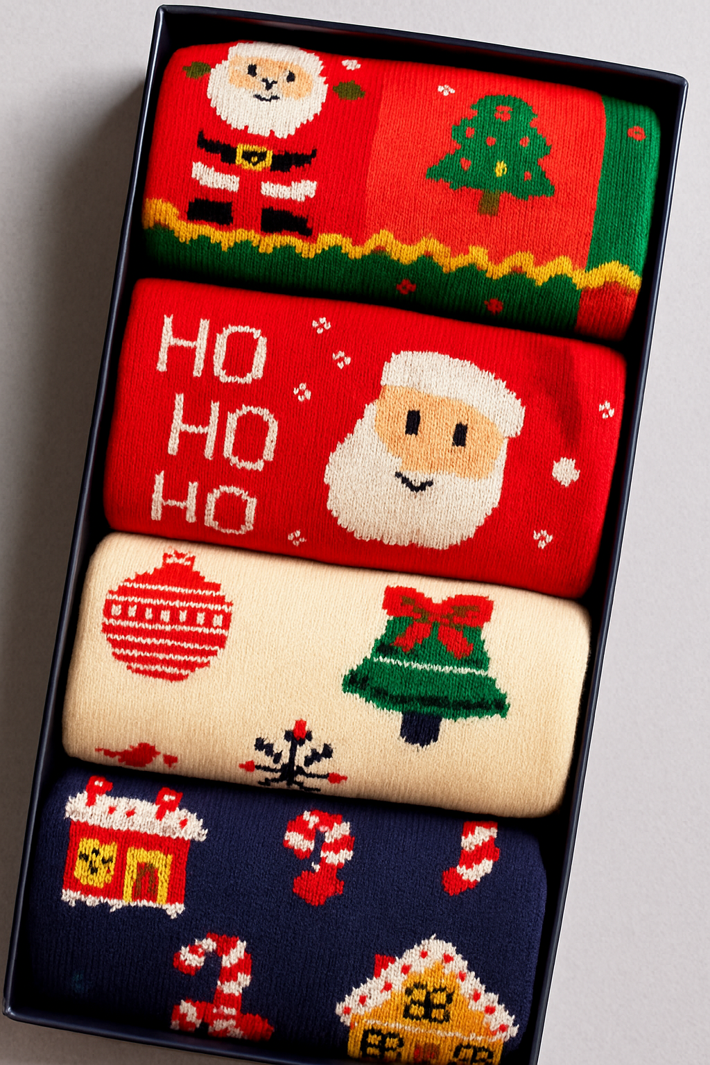 Premium 4-pack Christmas Sock Gift Box | Close-up of Santa, Christmas Tree, and Gingerbread House novelty socks inside the packaging.