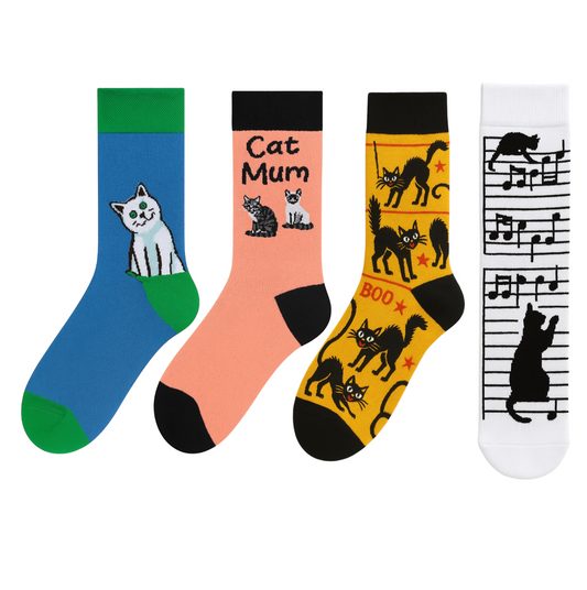 4-Pack Funny Cat Lover Socks Set: 'Cat Mum', Black Cat Halloween, and Music Notes Novelty Crew Socks