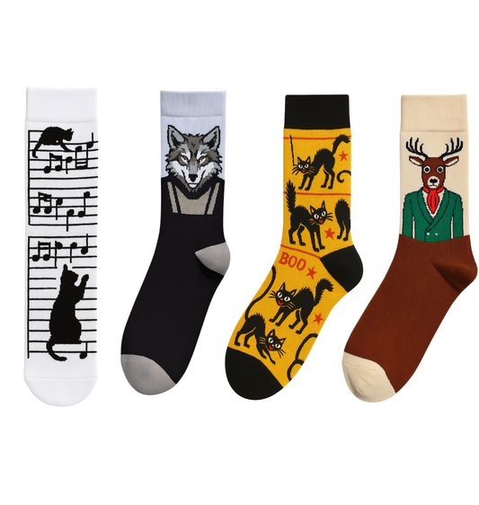 4-Pack Eklektik Funky Socks Set: Musical Cat, Dapper Stag, Hipster Wolf, and Halloween Black Cat Novelty Crew Socks