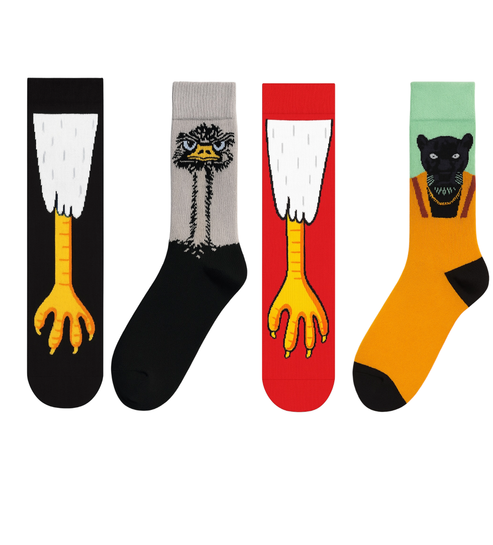 4-Pack Funky Animal Socks Set: Ostrich Head, Chicken Feet & Black Panther Funky Crew Socks