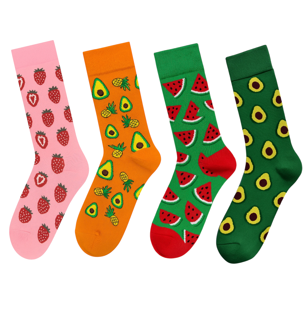 4-Pack Tropical Fruit & Fun Socks: Strawberry, Watermelon, and Avocado Pineapple Print Novelty Crew Socks