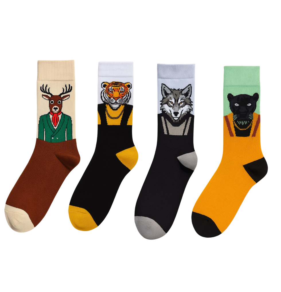 4-Pack Dapper Animal Socks Set: Wolf, Tiger, Stag, and Panther Portrait Novelty Fashion Crew Socks